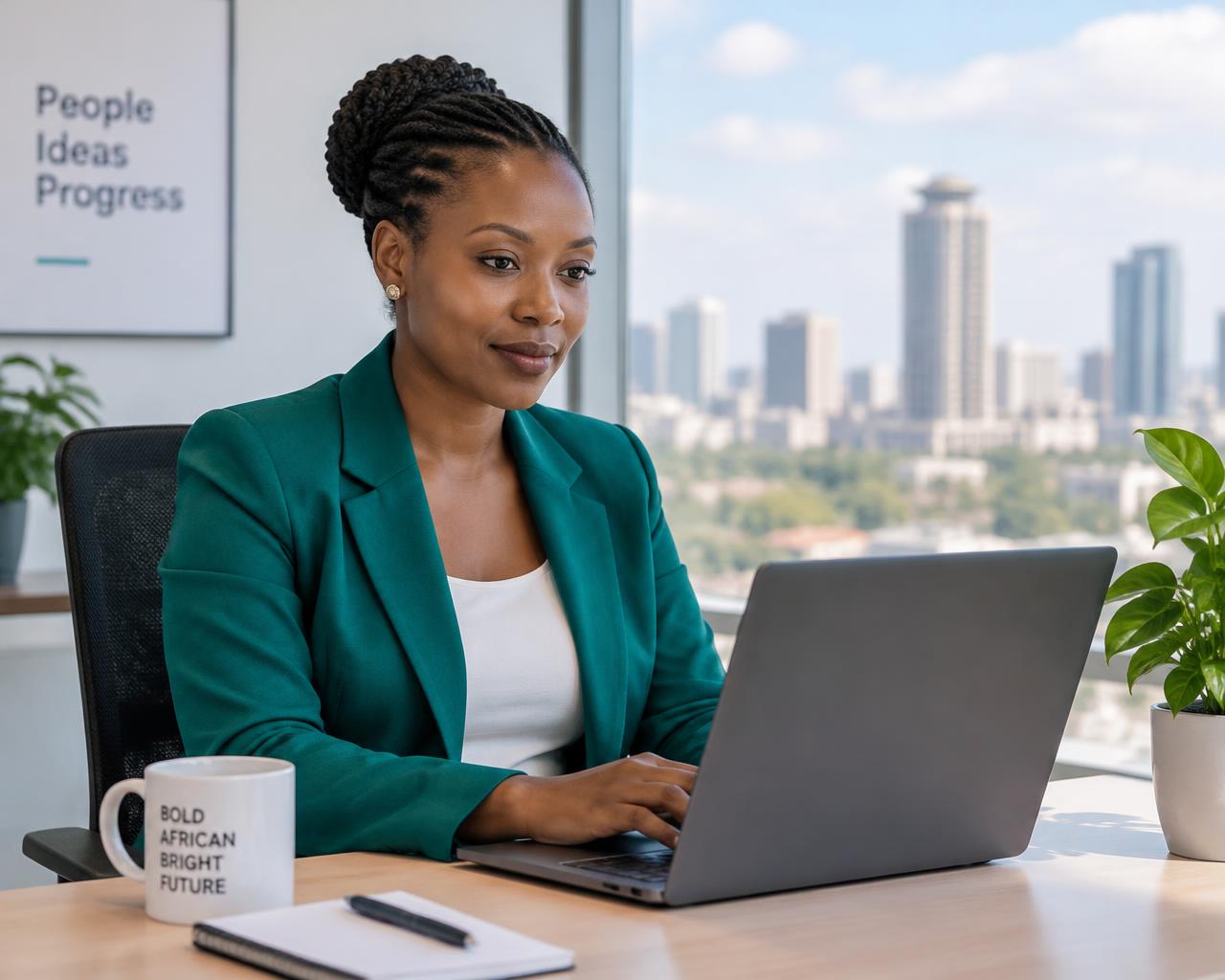 Business consultant working on a laptop in a bright Nairobi office
